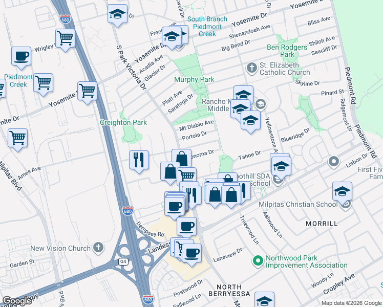 map of restaurants, bars, coffee shops, grocery stores, and more near 1000 South Park Victoria Drive in Milpitas
