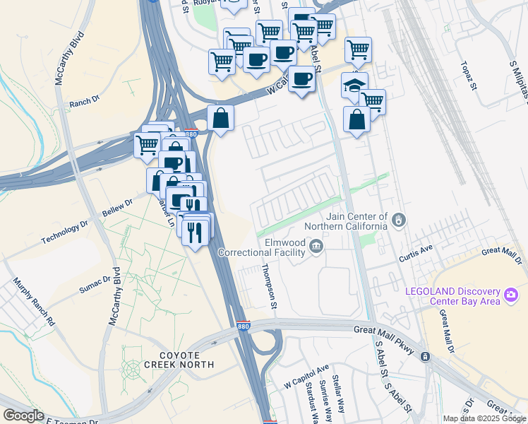 map of restaurants, bars, coffee shops, grocery stores, and more near in Milpitas
