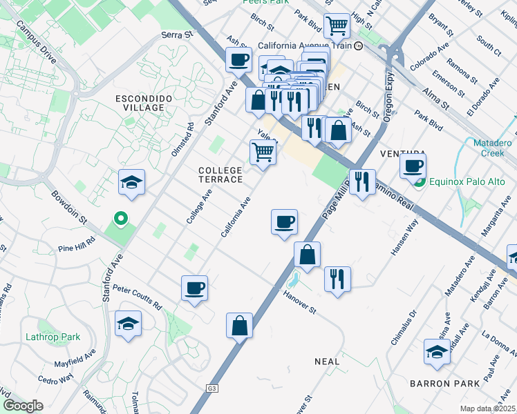 map of restaurants, bars, coffee shops, grocery stores, and more near 975 California Avenue in Palo Alto