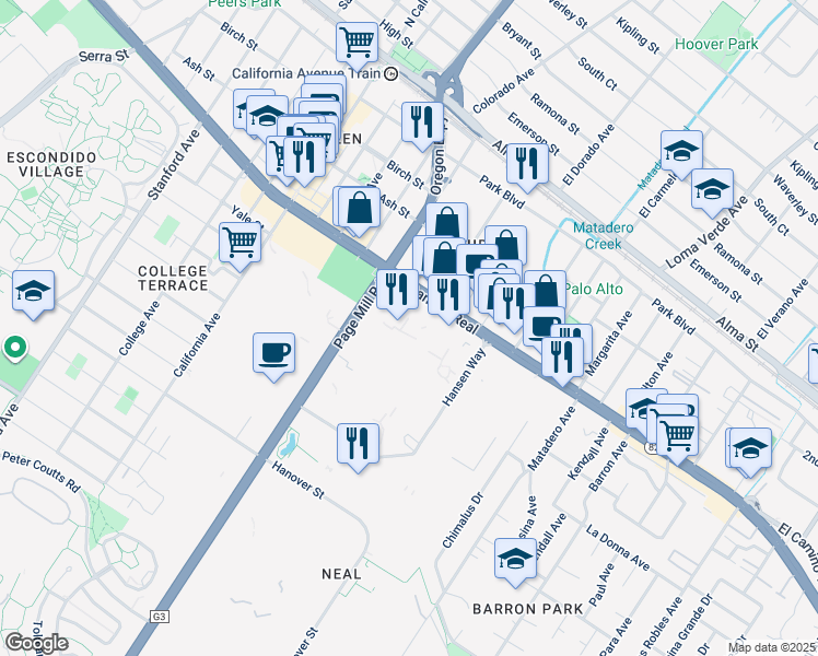 map of restaurants, bars, coffee shops, grocery stores, and more near 620 Hansen Way in Palo Alto