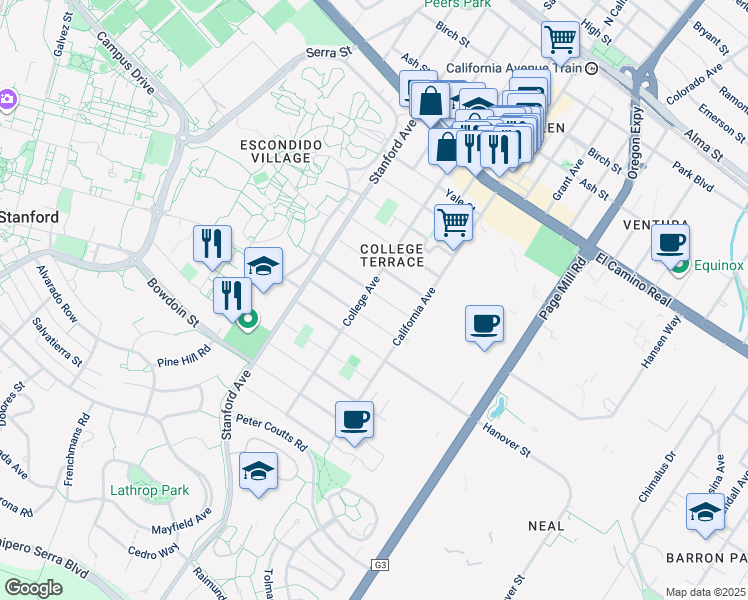 map of restaurants, bars, coffee shops, grocery stores, and more near 2222 Oberlin Street in Palo Alto