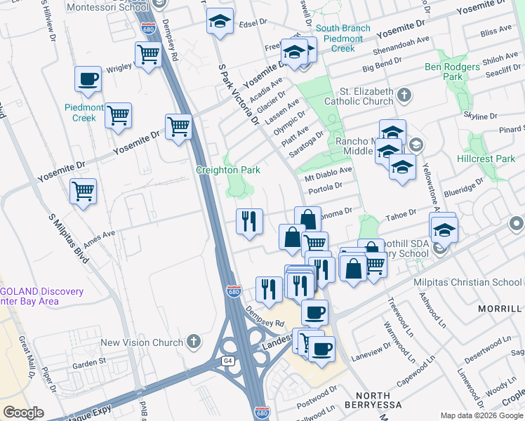 map of restaurants, bars, coffee shops, grocery stores, and more near 937 Jungfrau Court in Milpitas