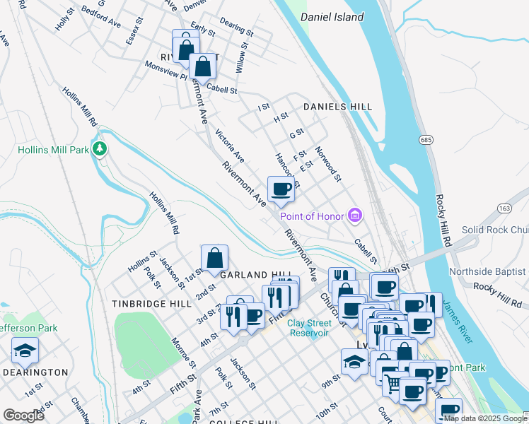 map of restaurants, bars, coffee shops, grocery stores, and more near 401-443 Victoria Avenue in Lynchburg