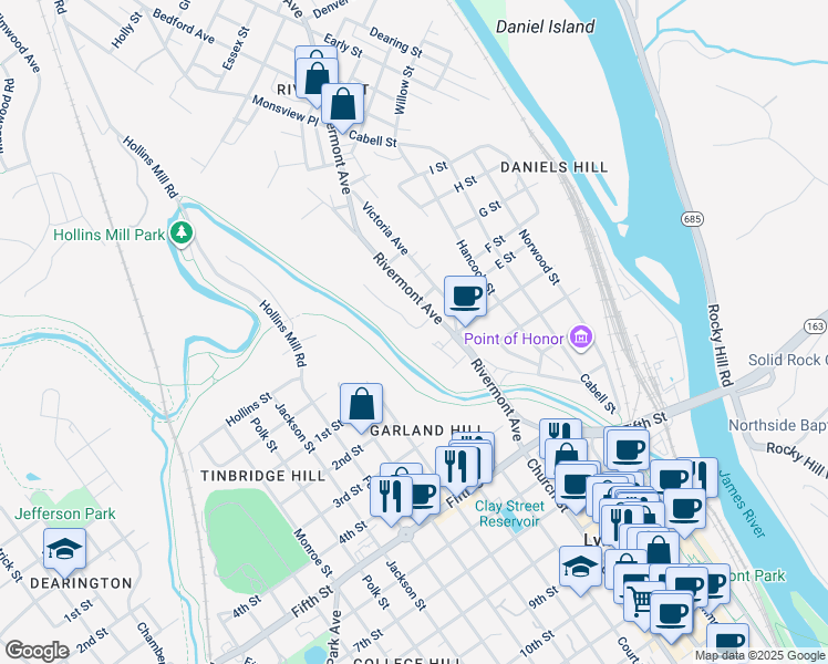map of restaurants, bars, coffee shops, grocery stores, and more near 441 Rivermont Ave in Lynchburg