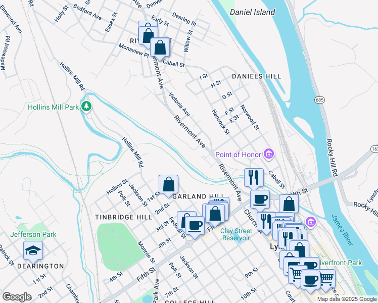map of restaurants, bars, coffee shops, grocery stores, and more near 441 Rivermont Ave in Lynchburg