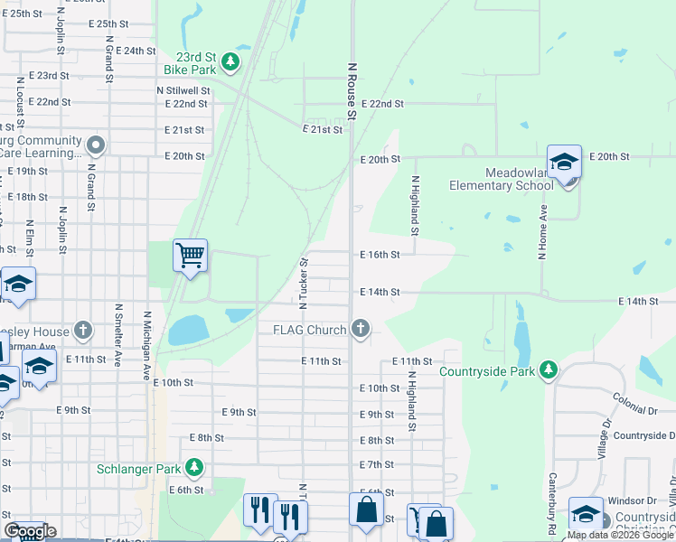 map of restaurants, bars, coffee shops, grocery stores, and more near 1016 East 16th Street in Pittsburg