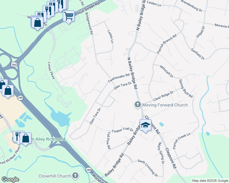 map of restaurants, bars, coffee shops, grocery stores, and more near 4613 Bridgewood Road in Midlothian