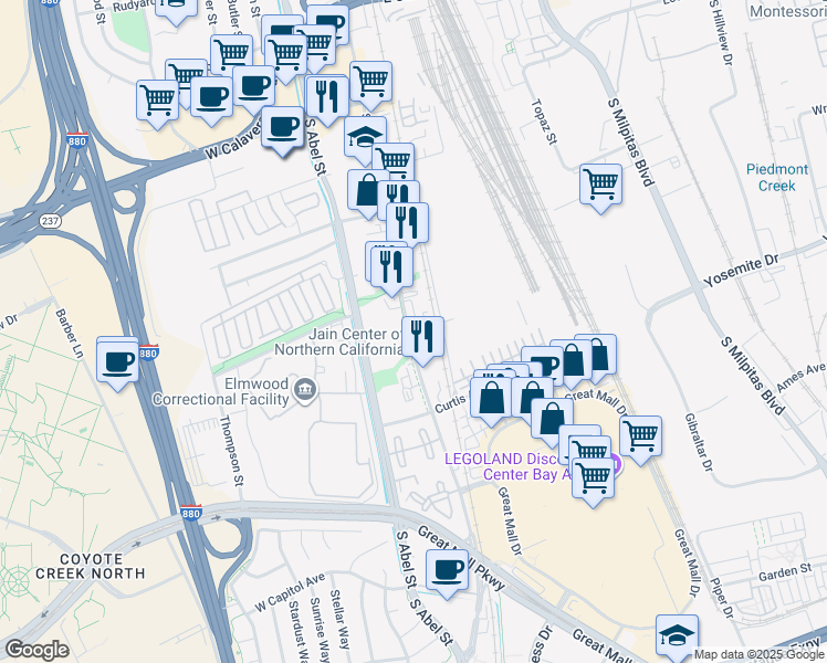 map of restaurants, bars, coffee shops, grocery stores, and more near 678 South Main Street in Milpitas