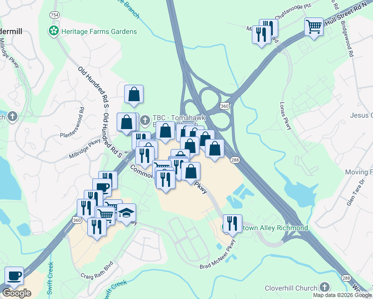 map of restaurants, bars, coffee shops, grocery stores, and more near 4701 Commonwealth Centre Parkway in Midlothian