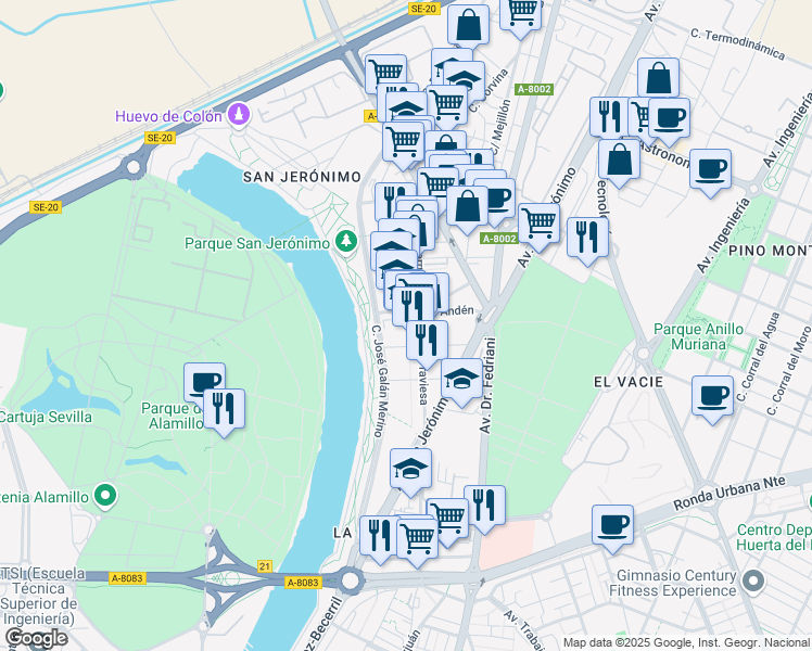 map of restaurants, bars, coffee shops, grocery stores, and more near Calle Factores in Sevilla