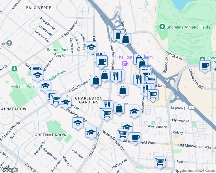 map of restaurants, bars, coffee shops, grocery stores, and more near 856 San Antonio Road in Palo Alto