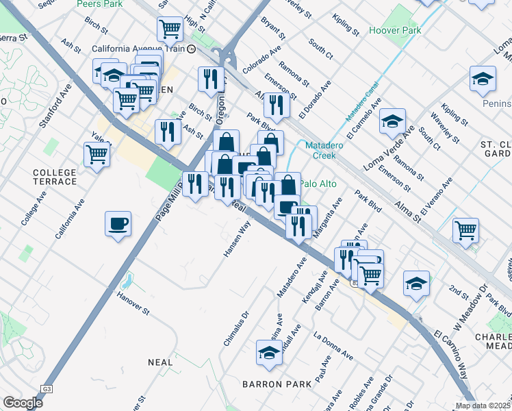 map of restaurants, bars, coffee shops, grocery stores, and more near 435 Portage Avenue in Palo Alto