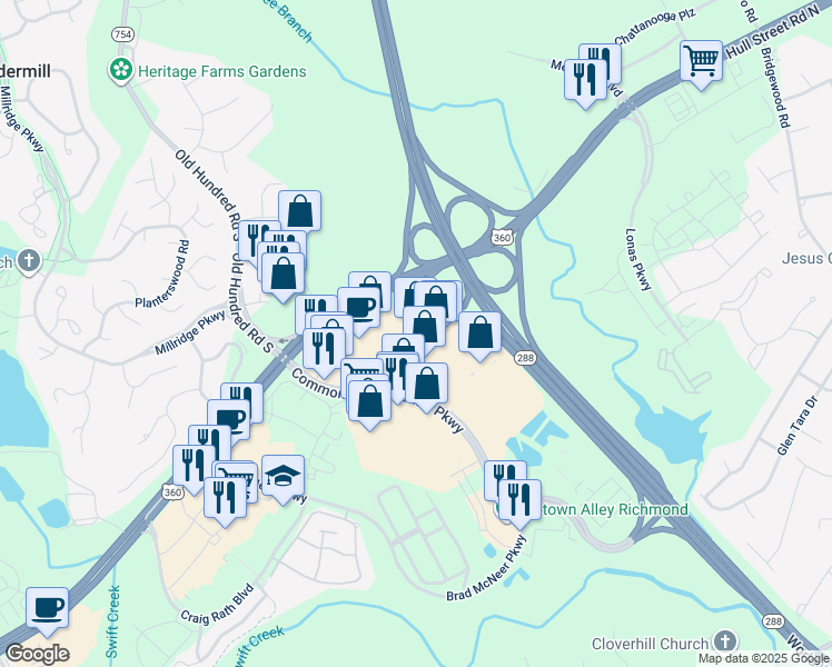 map of restaurants, bars, coffee shops, grocery stores, and more near 4701 Commonwealth Centre Parkway in Midlothian