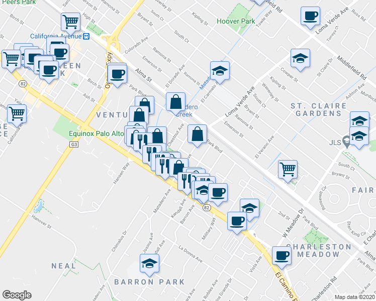 map of restaurants, bars, coffee shops, grocery stores, and more near 281 Fernando Avenue in Palo Alto