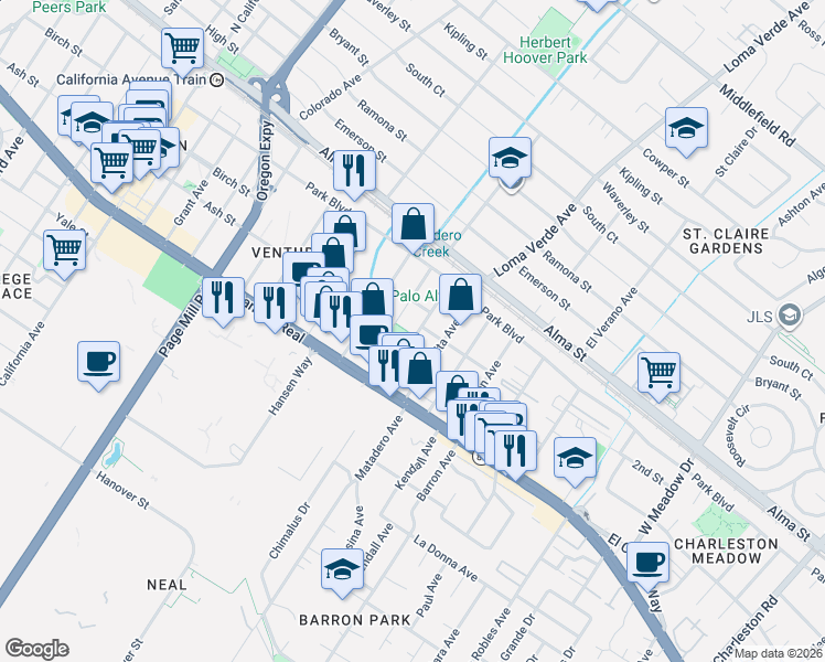 map of restaurants, bars, coffee shops, grocery stores, and more near 347 Chestnut Avenue in Palo Alto
