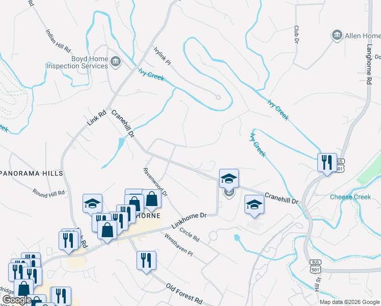 map of restaurants, bars, coffee shops, grocery stores, and more near 2232 Falcon Hill Place in Lynchburg