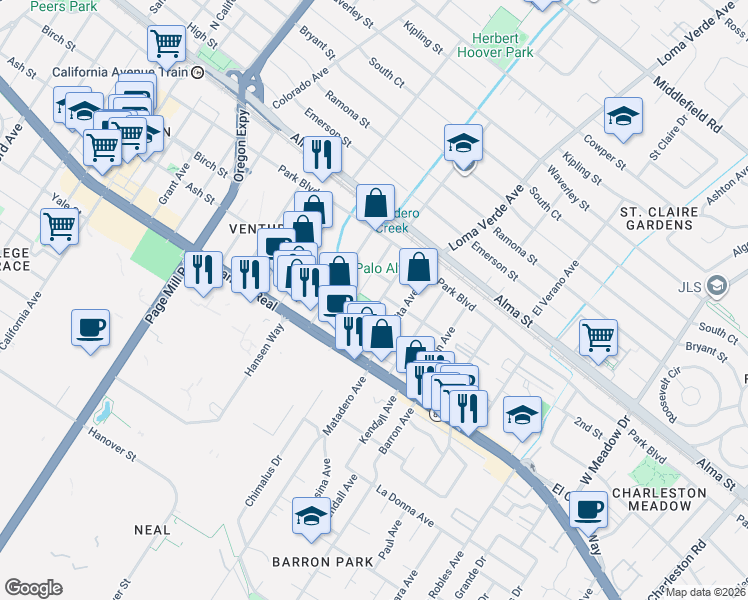 map of restaurants, bars, coffee shops, grocery stores, and more near 347 Chestnut Avenue in Palo Alto