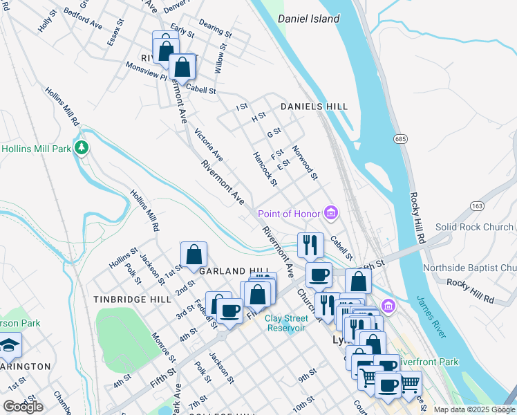 map of restaurants, bars, coffee shops, grocery stores, and more near 401 Victoria Avenue in Lynchburg