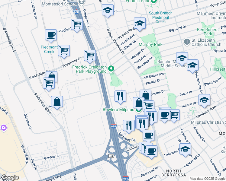 map of restaurants, bars, coffee shops, grocery stores, and more near 955 Big Bear Court in Milpitas