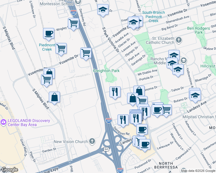 map of restaurants, bars, coffee shops, grocery stores, and more near 955 Big Bear Court in Milpitas