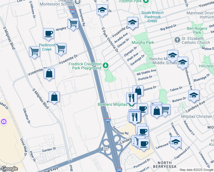map of restaurants, bars, coffee shops, grocery stores, and more near 955 Big Bear Court in Milpitas