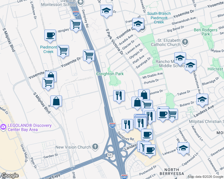 map of restaurants, bars, coffee shops, grocery stores, and more near 955 Big Bear Court in Milpitas