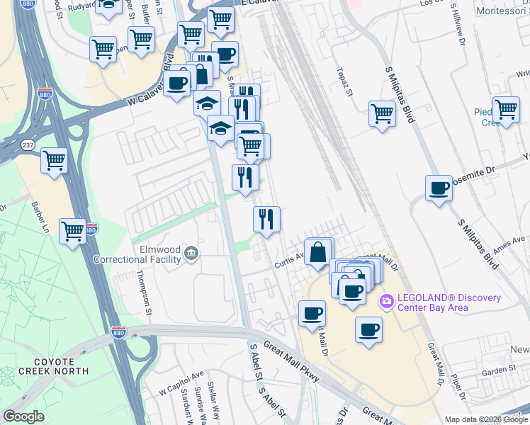 map of restaurants, bars, coffee shops, grocery stores, and more near 650 Hammond Way in Milpitas
