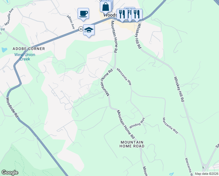 map of restaurants, bars, coffee shops, grocery stores, and more near 375 Mountain Home Road in Woodside