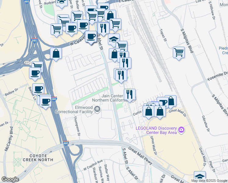 map of restaurants, bars, coffee shops, grocery stores, and more near 600 South Abel Street in Milpitas