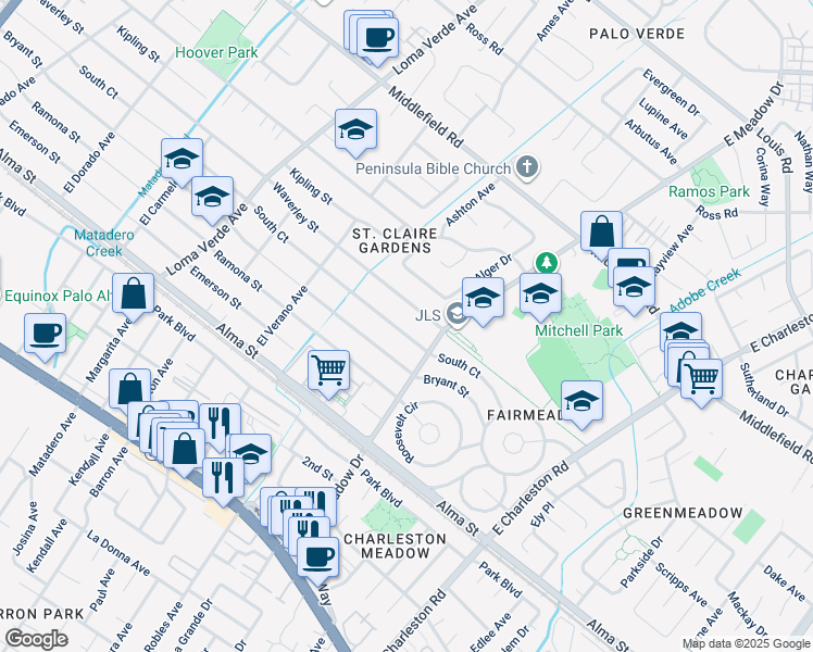 map of restaurants, bars, coffee shops, grocery stores, and more near 3473 Waverley Street in Palo Alto