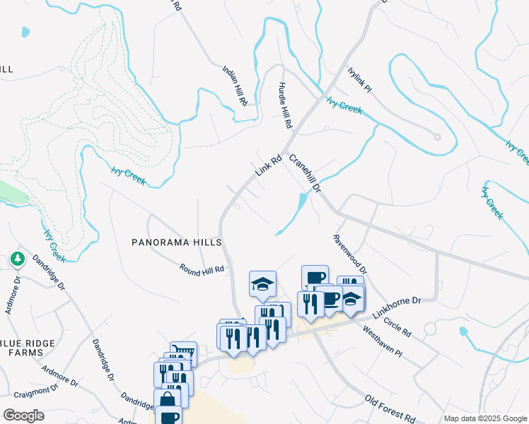 map of restaurants, bars, coffee shops, grocery stores, and more near 106 Wheatland Court in Lynchburg