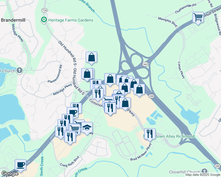 map of restaurants, bars, coffee shops, grocery stores, and more near 4601 Commonwealth Centre Parkway in Midlothian