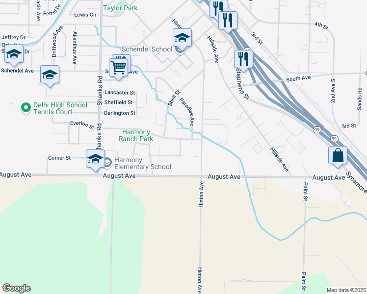 map of restaurants, bars, coffee shops, grocery stores, and more near 9169 Paradise Court in Delhi