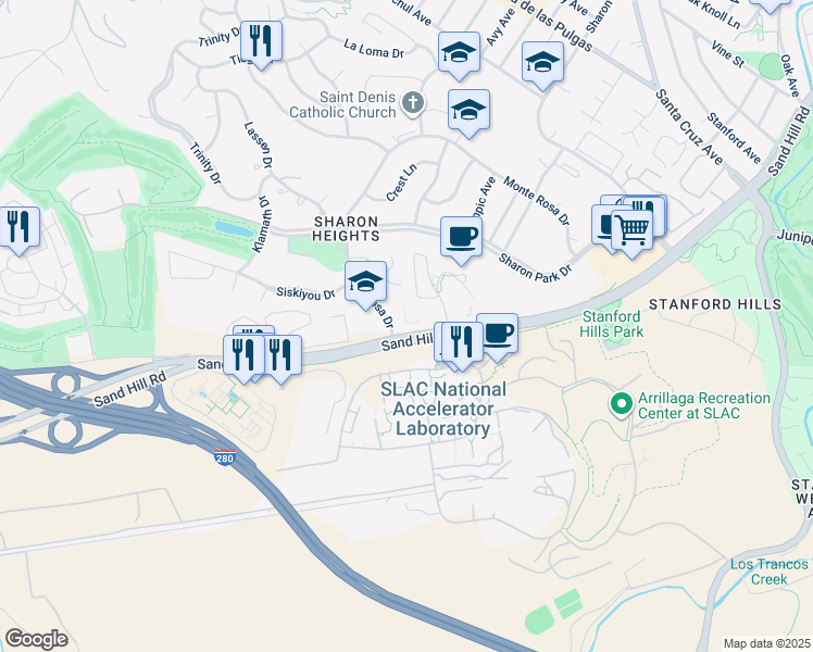 map of restaurants, bars, coffee shops, grocery stores, and more near 2550 Sand Hill Road in Menlo Park