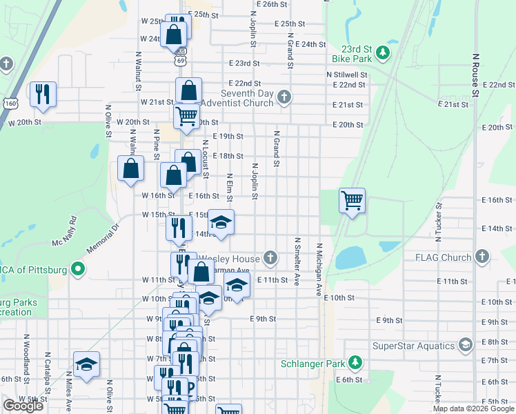 map of restaurants, bars, coffee shops, grocery stores, and more near 1511 North Grand Street in Pittsburg