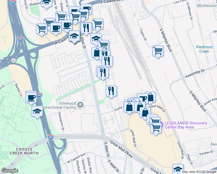 map of restaurants, bars, coffee shops, grocery stores, and more near 660 South Main Street in Milpitas