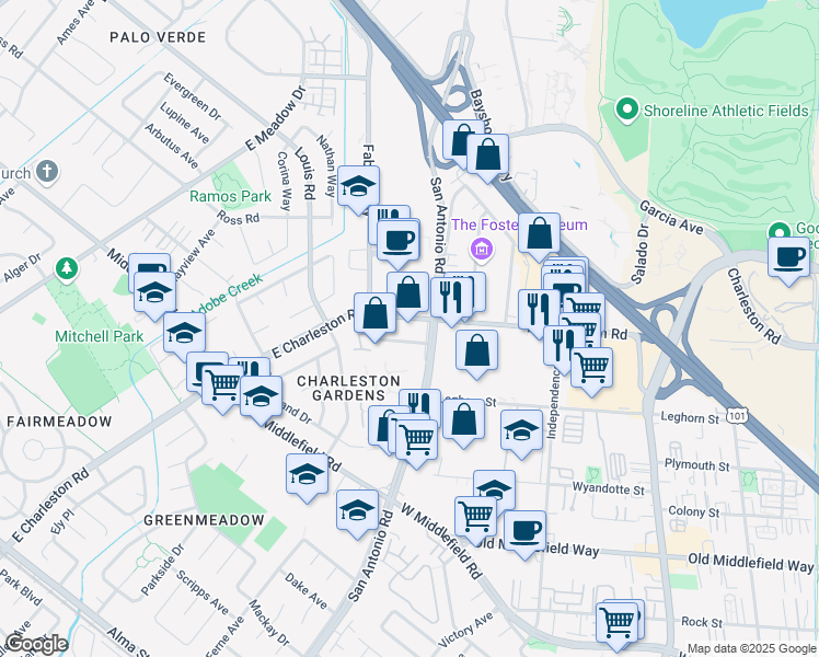 map of restaurants, bars, coffee shops, grocery stores, and more near 870 East Charleston Road in Palo Alto
