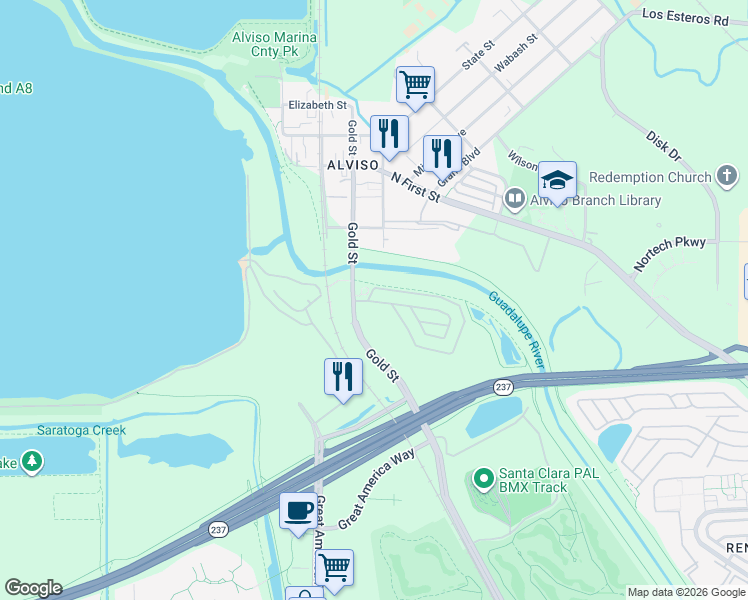 map of restaurants, bars, coffee shops, grocery stores, and more near Guadalupe River Trail in San Jose