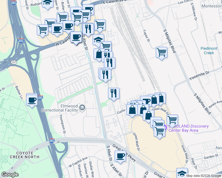 map of restaurants, bars, coffee shops, grocery stores, and more near 658 South Main Street in Milpitas