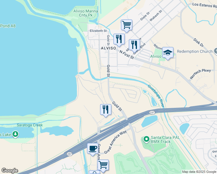 map of restaurants, bars, coffee shops, grocery stores, and more near 2025 Gold Street in San Jose
