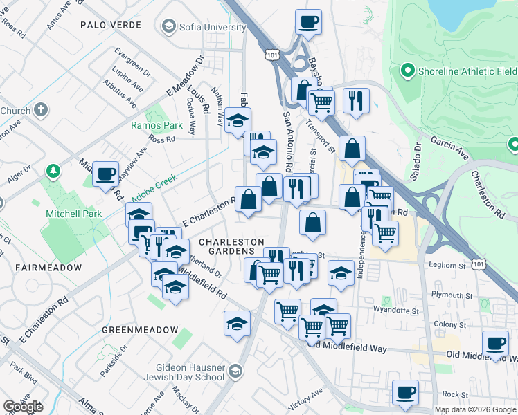 map of restaurants, bars, coffee shops, grocery stores, and more near in Palo Alto