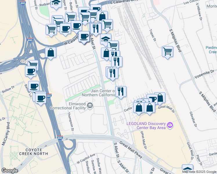map of restaurants, bars, coffee shops, grocery stores, and more near 600 South Abel Street in Milpitas
