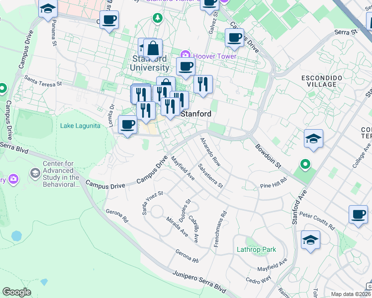 map of restaurants, bars, coffee shops, grocery stores, and more near 78 Pearce Mitchell Place in Stanford