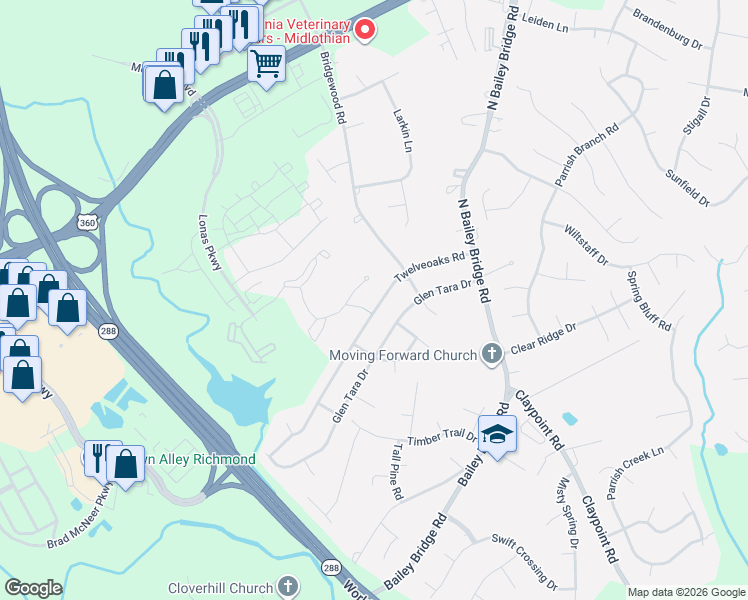 map of restaurants, bars, coffee shops, grocery stores, and more near 4624 Twelveoaks Road in Midlothian