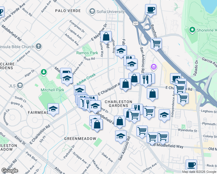 map of restaurants, bars, coffee shops, grocery stores, and more near 3945 Louis Road in Palo Alto