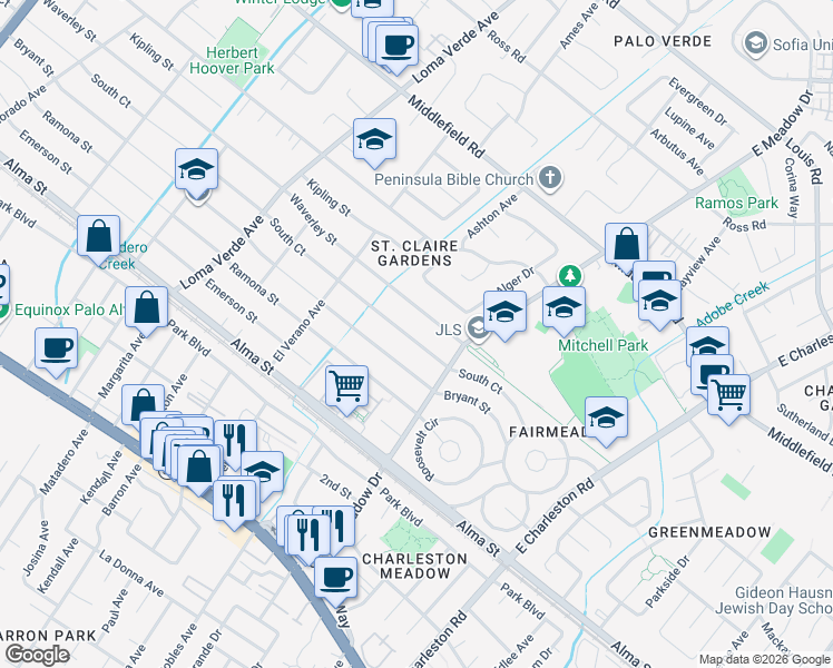 map of restaurants, bars, coffee shops, grocery stores, and more near 3435 South Court in Palo Alto