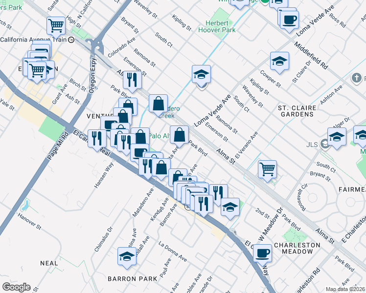 map of restaurants, bars, coffee shops, grocery stores, and more near 3550 Park Boulevard in Palo Alto
