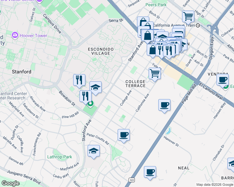map of restaurants, bars, coffee shops, grocery stores, and more near 2106 Oberlin Street in Palo Alto
