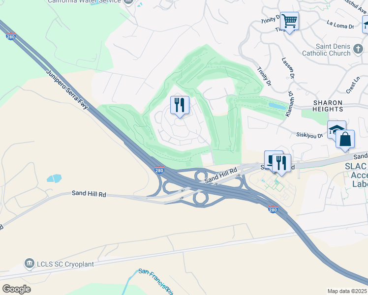 map of restaurants, bars, coffee shops, grocery stores, and more near 614 Sand Hill Circle in Menlo Park