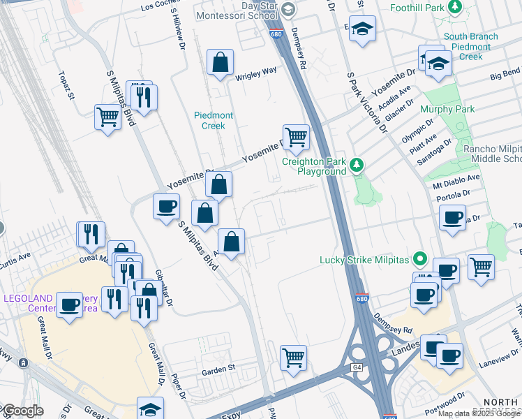 map of restaurants, bars, coffee shops, grocery stores, and more near 901 Ames Avenue in Milpitas